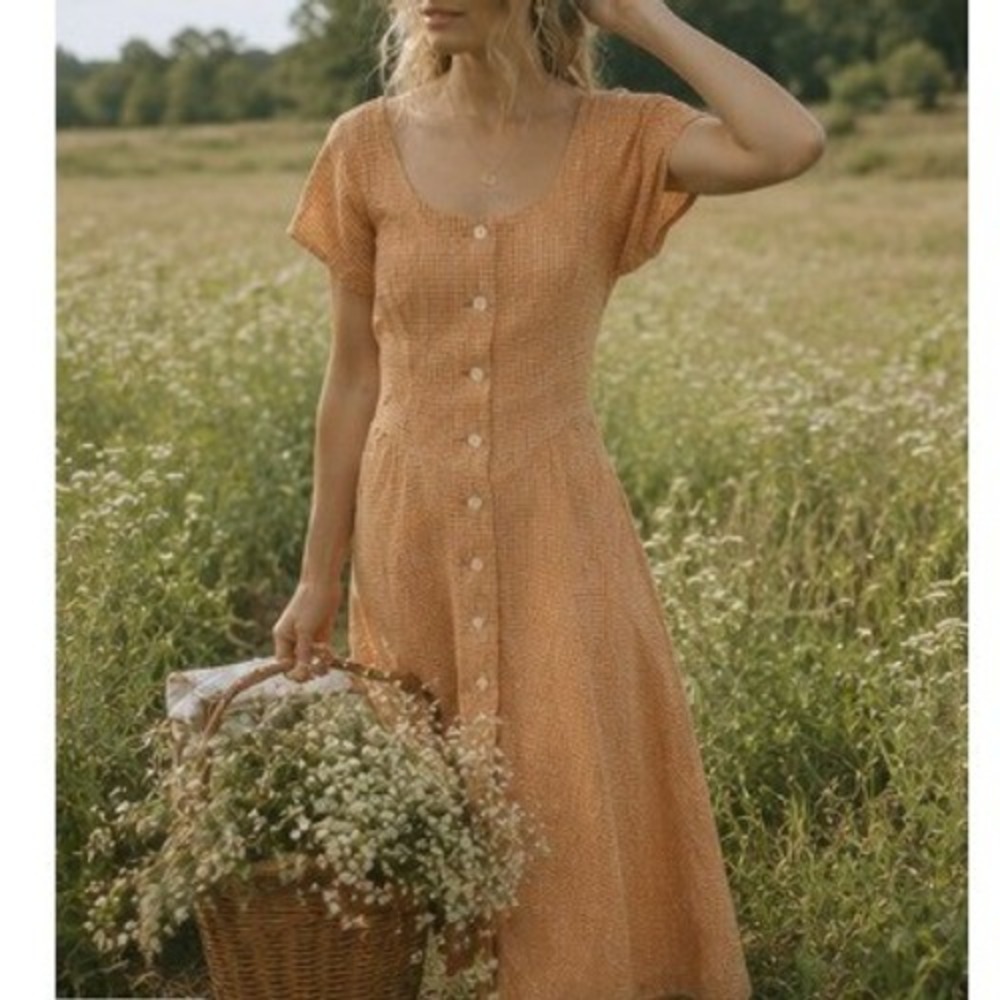 Vintage Gingham Seersucker Button Front Midi Dress Large Romantic Picnic Coastal
